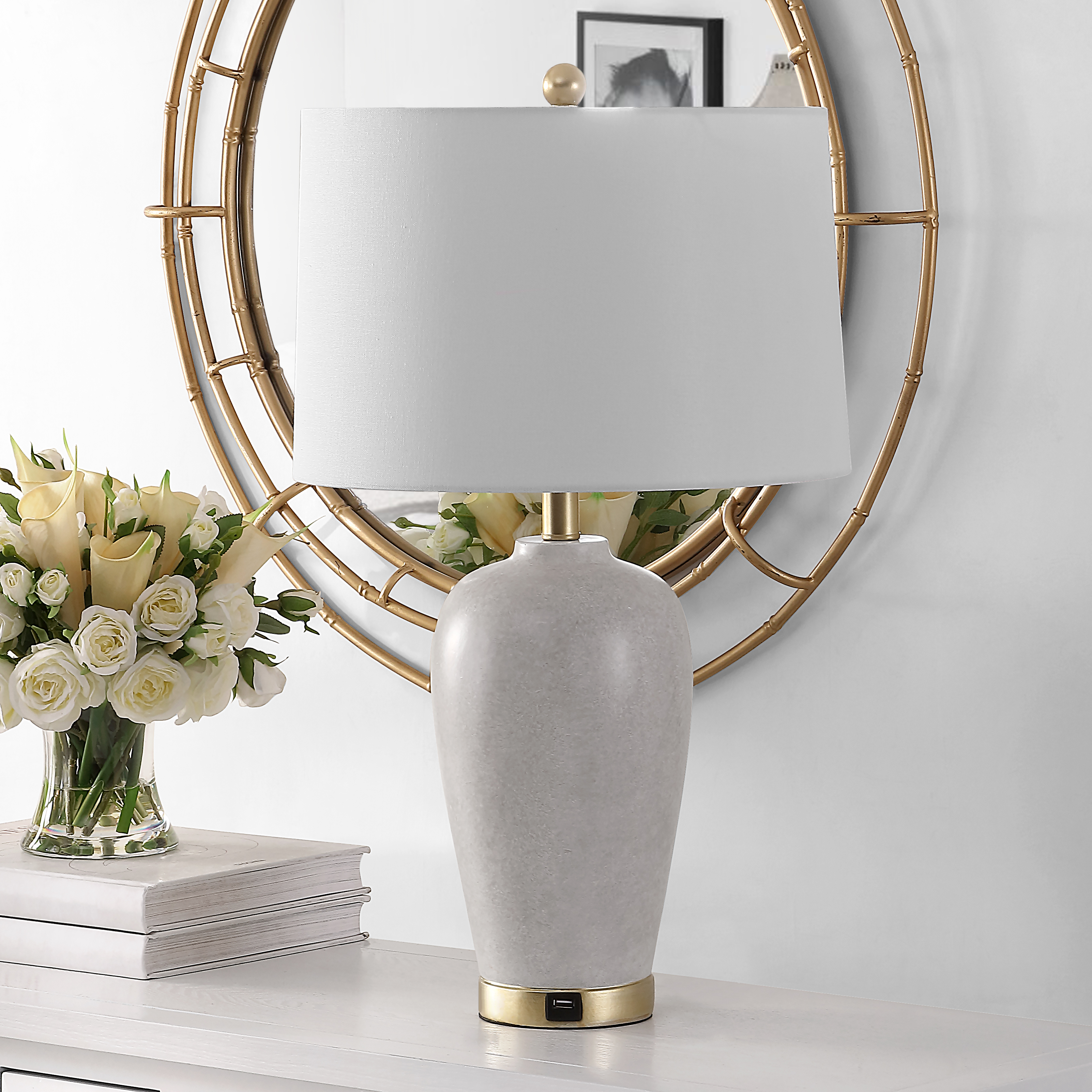 Kline Table Lamp With Usb in Gray in a styled room